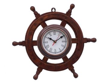 Deluxe Class Wood and Antique Copper Ship Steering Wheel Clock 12""