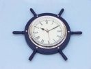 Dark Blue Wood And Chrome Ship Wheel Clock 15""