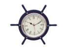 Dark Blue Wood And Chrome Ship Wheel Clock 15""