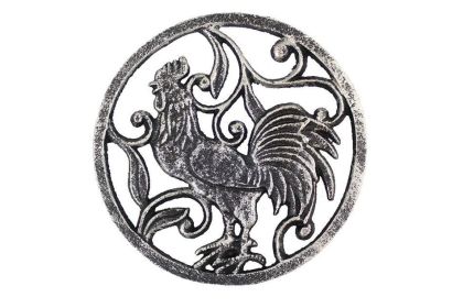 Rustic Silver Cast Iron Rooster Trivet 8""