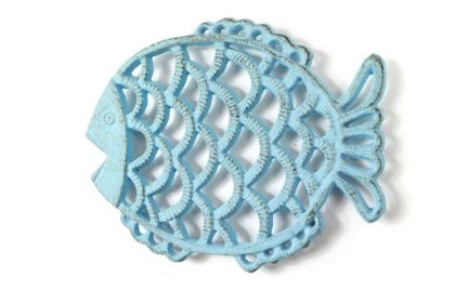 Rustic Light Blue Cast Iron Big Fish Trivet 8""