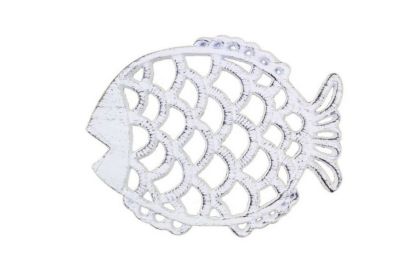 Rustic Whitewashed Cast Iron Big Fish Trivet 8""