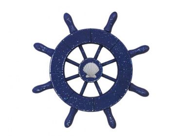 Rustic Dark Blue Decorative Ship Wheel With Seashell  6""