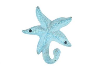 Light Blue Whitewashed Cast Iron Starfish Hook 4""