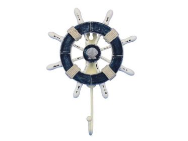 Rustic Dark Blue and White Decorative Ship Wheel with Seashell and Hook 8&quot;