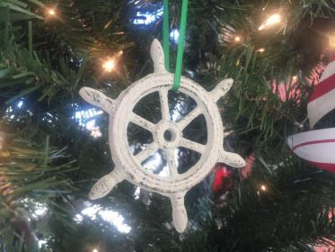 Whitewashed Cast Iron Ship Wheel Decorative Christmas Ornament 4""