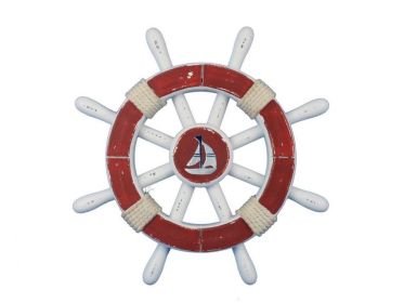 Rustic Red And White Decorative Ship Wheel With Sailboat 12""