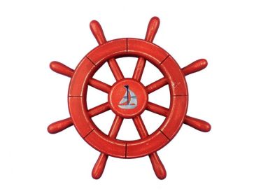 Rustic All Red Decorative Ship Wheel With Sailboat 12""