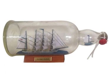 Blue Flying Cloud Ship in a Glass Bottle 11""