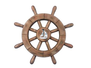 Rustic Wood Finish Decorative Ship Wheel With Sailboat 12""