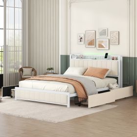 Queen Bed Frame with LED Headboard, Upholstered Bed with 4 Storage Drawers and USB Ports, Beige (Color: as Pic)