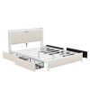 Queen Bed Frame with LED Headboard, Upholstered Bed with 4 Storage Drawers and USB Ports, Beige